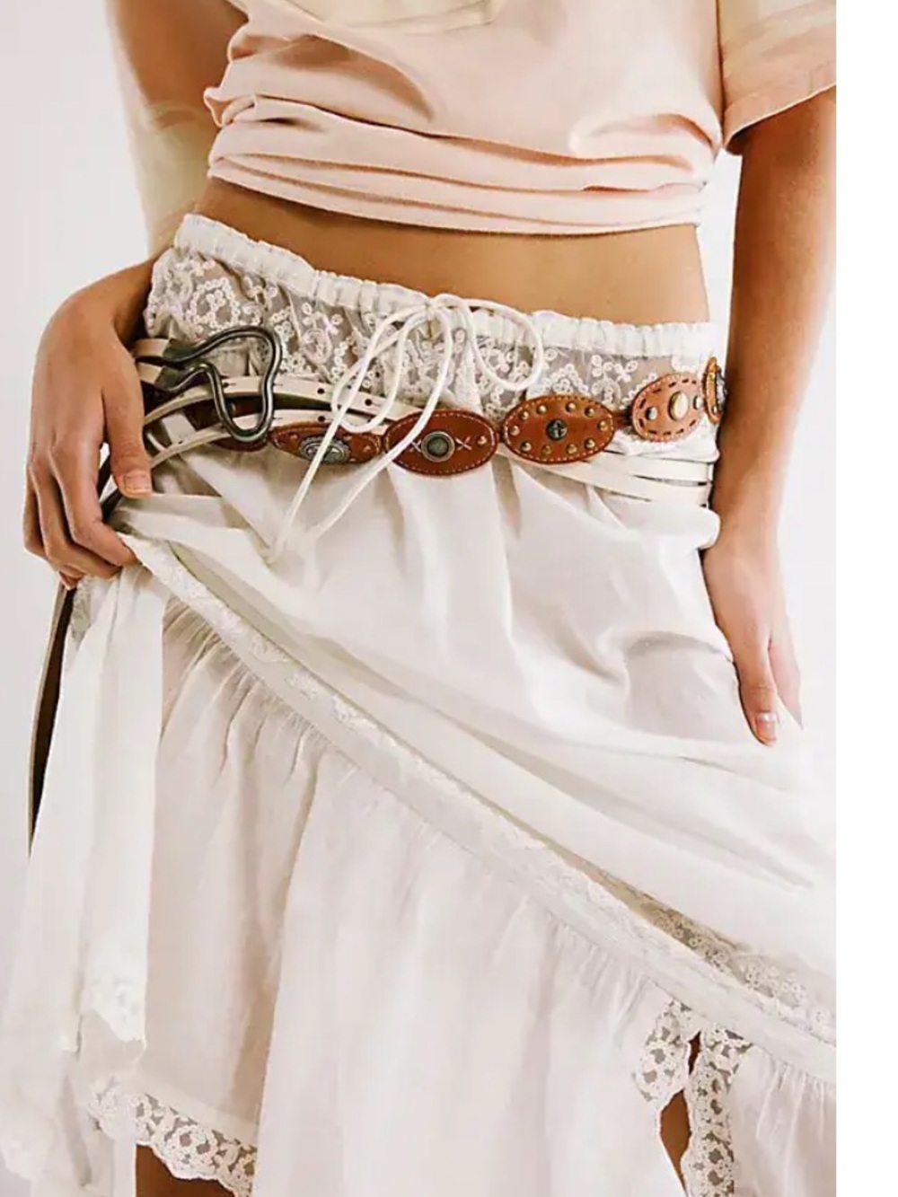 Free People Brown Leather Wrap Belt with Oval Stud Accents